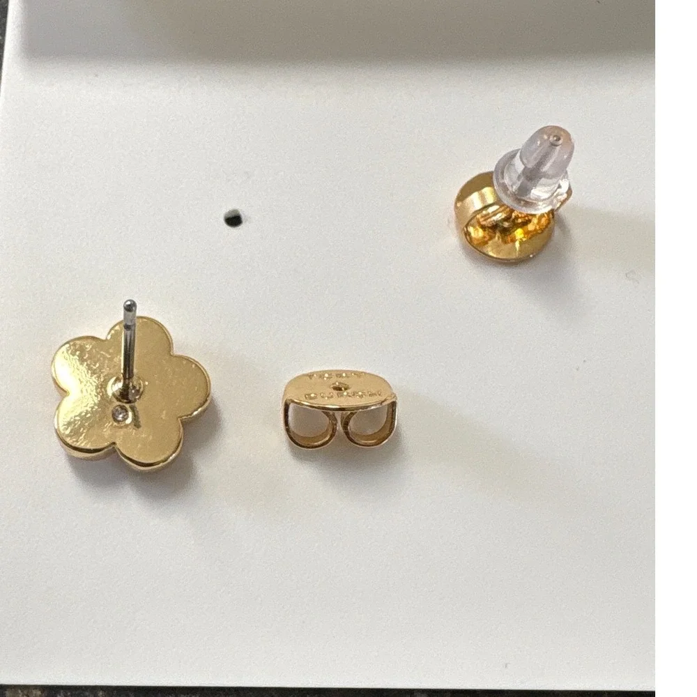 Tory Burch Gold Tone Crystal Pave Flower Logo Stud Earrings Womens